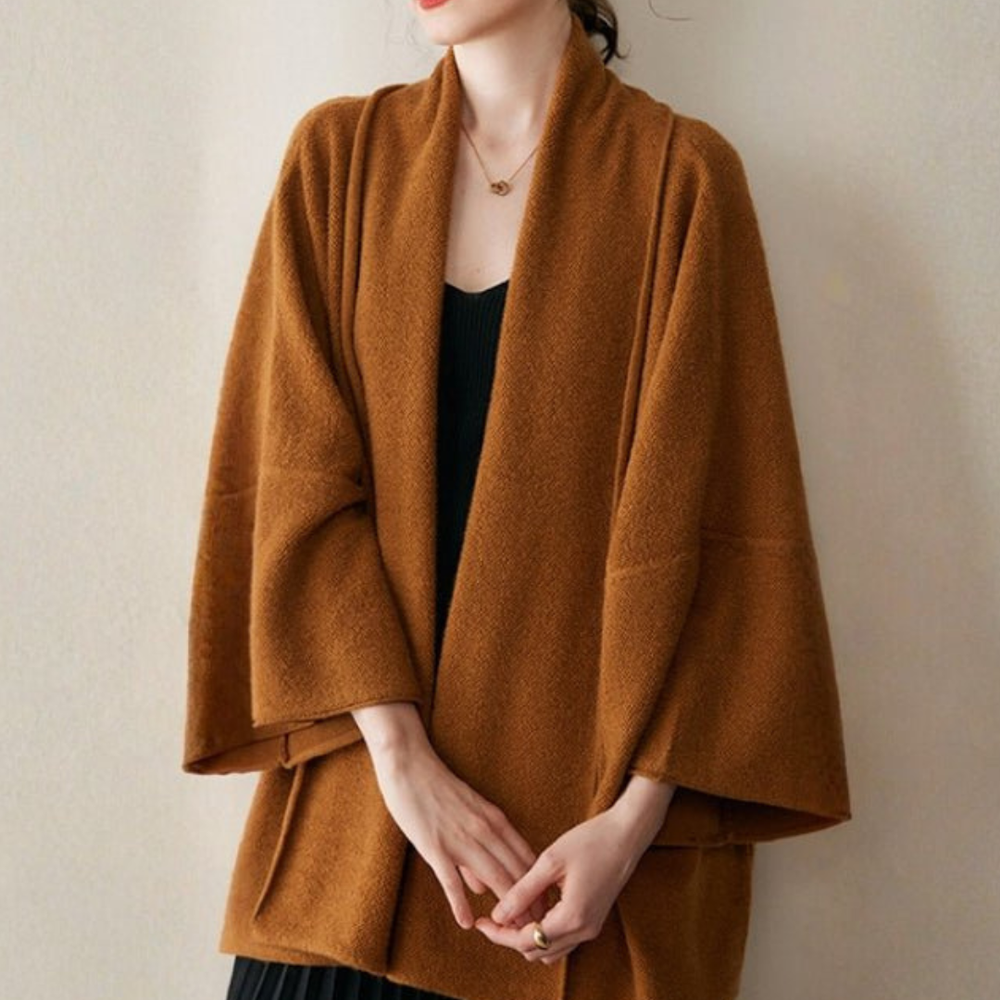 Women's Oversized Solid Shawl Coat | Open Front Design Caramel