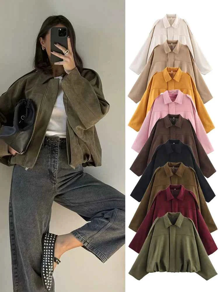Women's Oversized Suede Bomber Jacket - Stylish & Comfortable Outerwear