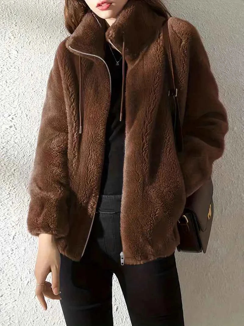 Women's Oversized Teddy Coat – Soft Fleece with High Collar, Zipper, and Drawstrings Dark Brown