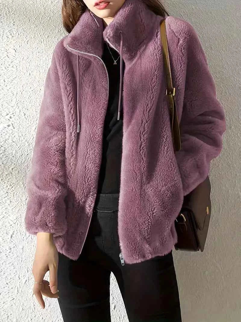 Women's Oversized Teddy Coat – Soft Fleece with High Collar, Zipper, and Drawstrings Violet