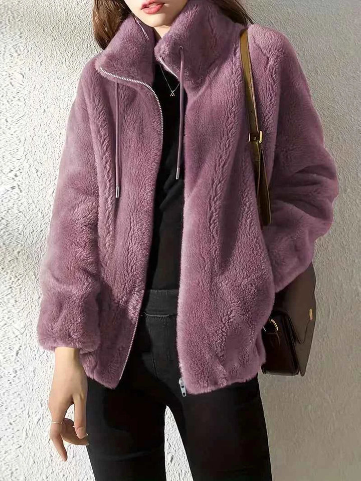 Women's Oversized Teddy Coat – Soft Fleece with High Collar, Zipper, and Drawstrings Violet