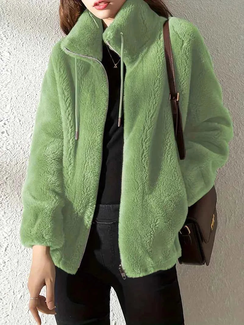 Women's Oversized Teddy Coat – Soft Fleece with High Collar, Zipper, and Drawstrings Green