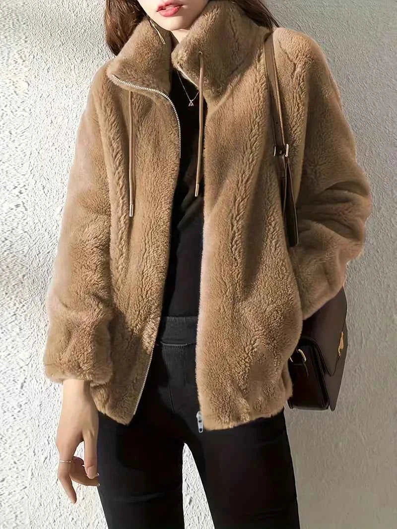 Women's Oversized Teddy Coat – Soft Fleece with High Collar, Zipper, and Drawstrings Khaki
