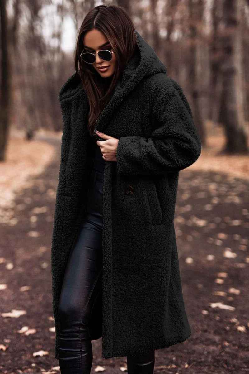 Women's Oversized Teddy Coat – Soft Fleece with Hood – Long Open Front Black