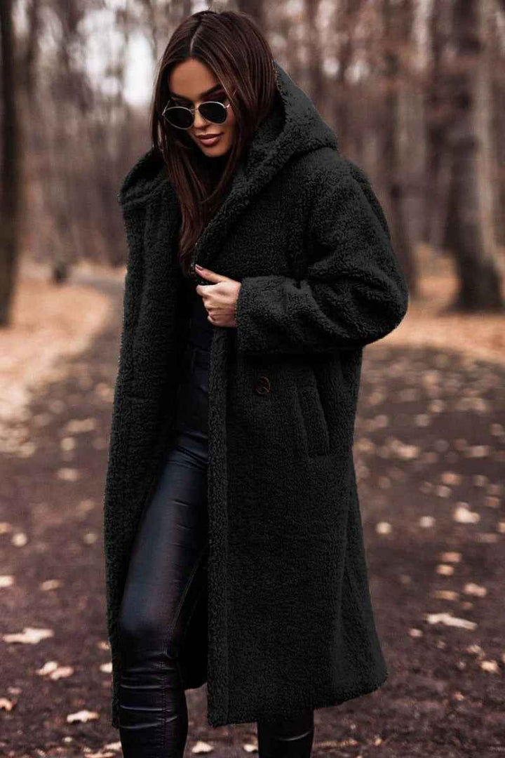 Women's Oversized Teddy Coat – Soft Fleece with Hood – Long Open Front Black
