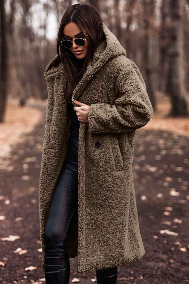 Women's Oversized Teddy Coat – Soft Fleece with Hood – Long Open Front Khaki