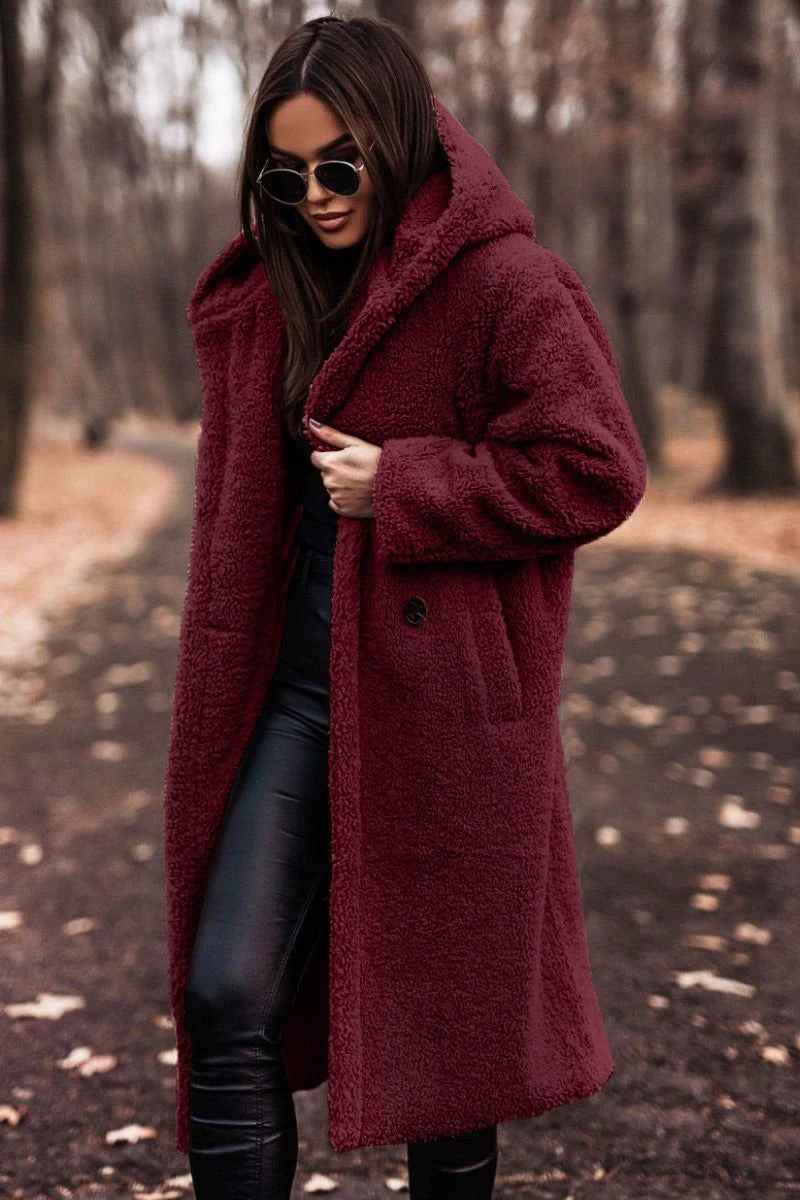 Women's Oversized Teddy Coat – Soft Fleece with Hood – Long Open Front Red
