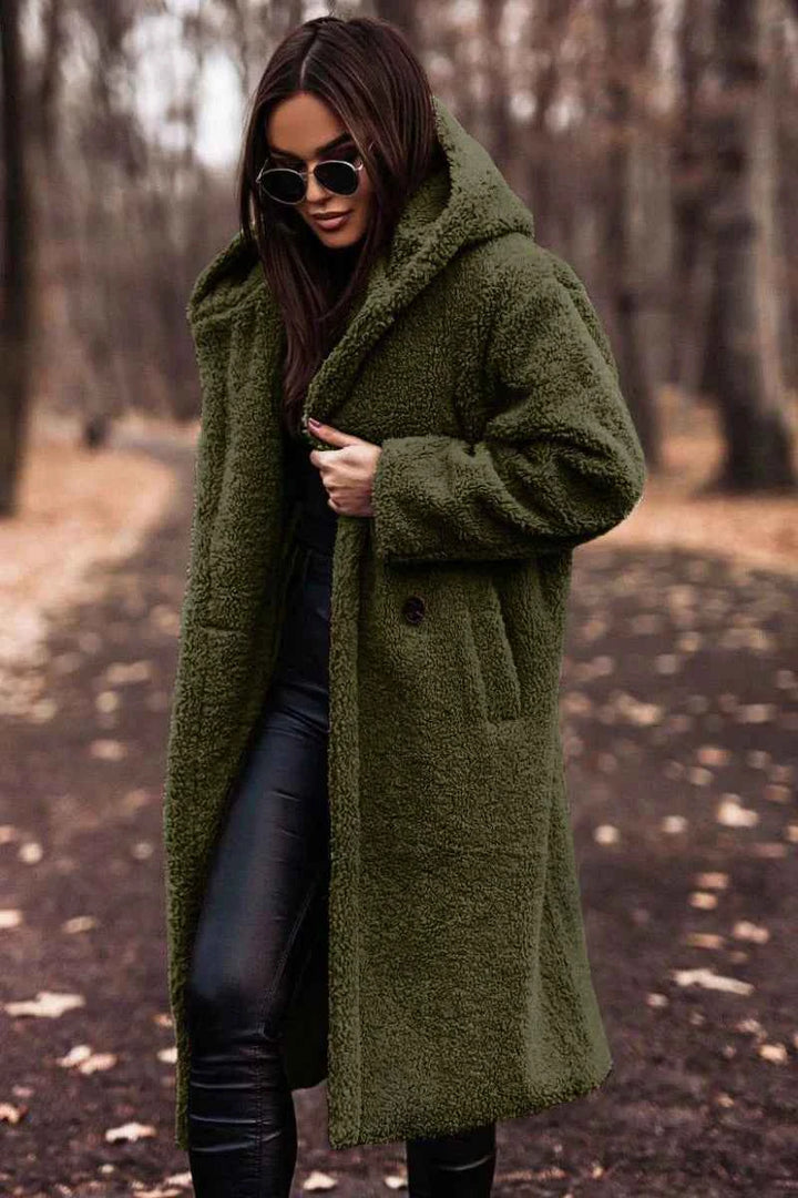 Women's Oversized Teddy Coat – Soft Fleece with Hood – Long Open Front Green