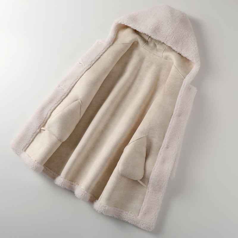 Women's Oversized Teddy Coat with Hood and Button Closure - Mid-Length