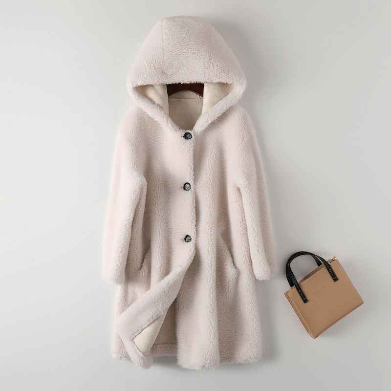 Women's Oversized Teddy Coat with Hood and Button Closure - Mid-Length Ivory