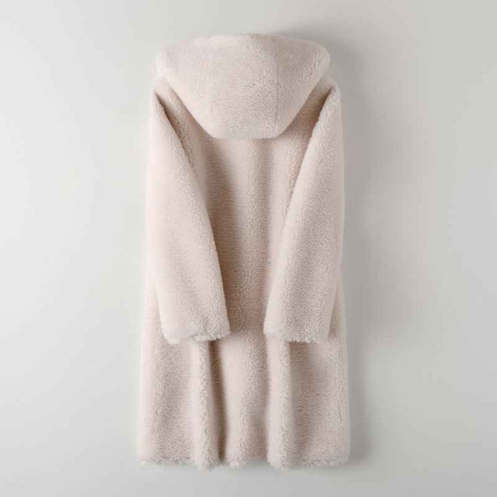 Women's Oversized Teddy Coat with Hood and Button Closure - Mid-Length