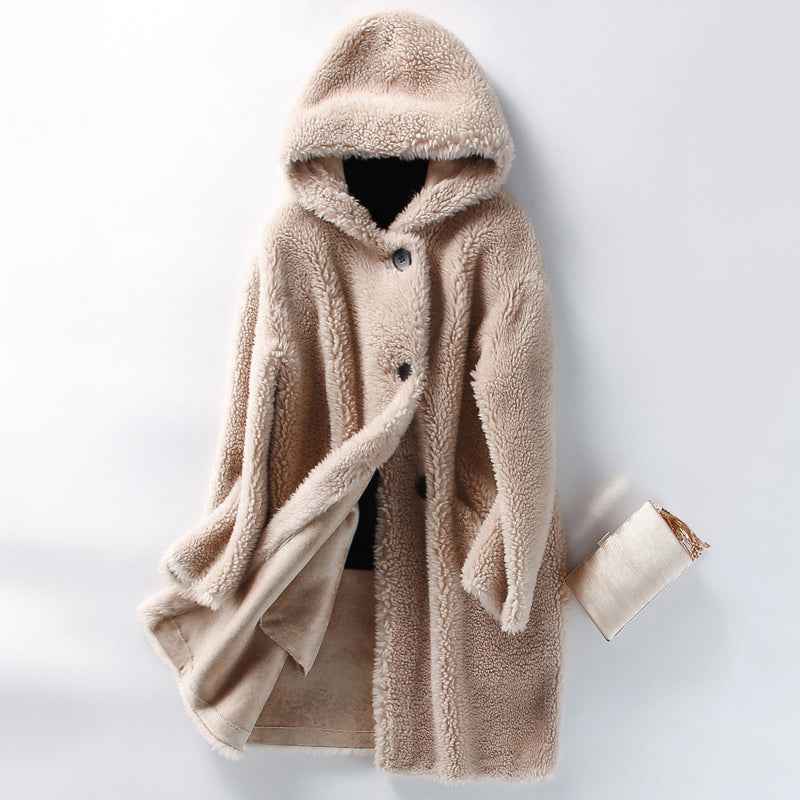 Women's Oversized Teddy Coat with Hood and Button Closure - Mid-Length Beige