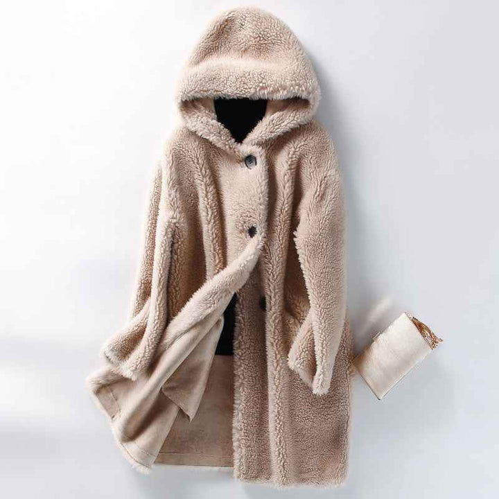 Women's Oversized Teddy Coat with Hood and Button Closure - Mid-Length Beige