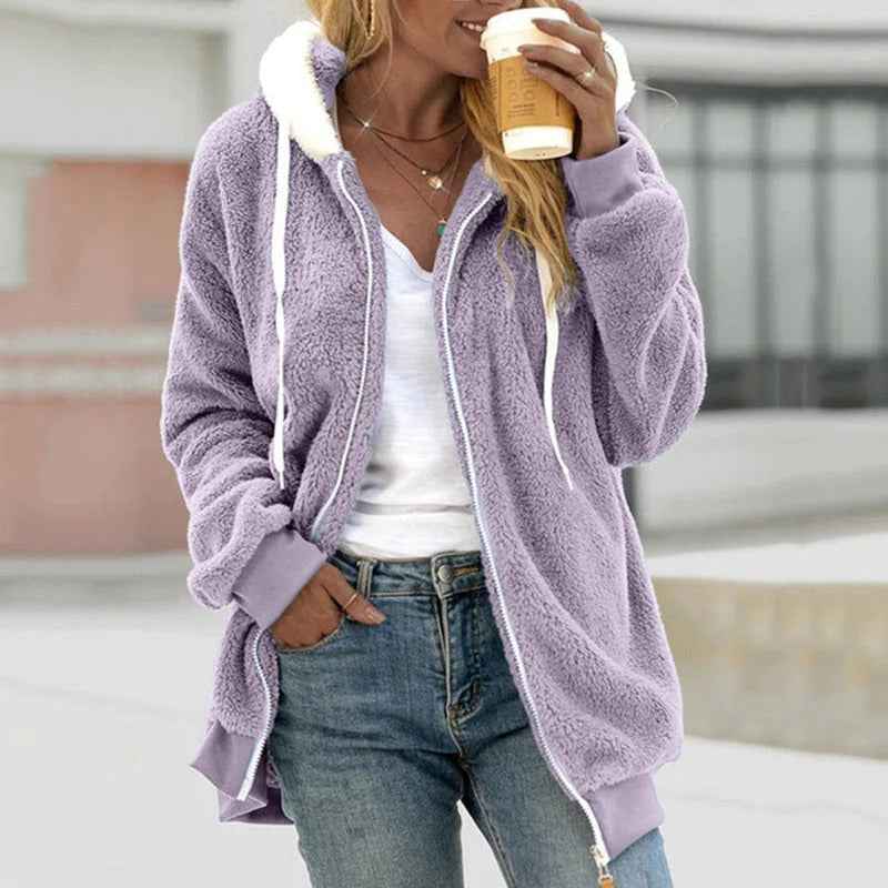 Women's Oversized Teddy Fleece Hooded Coat with Zip Closure – Casual Warmth Purple
