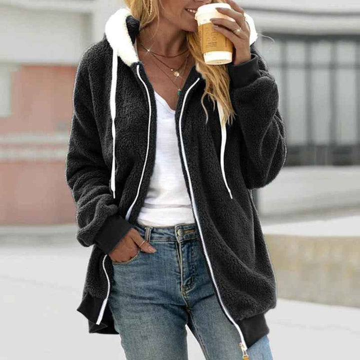 Women's Oversized Teddy Fleece Hooded Coat with Zip Closure – Casual Warmth Black