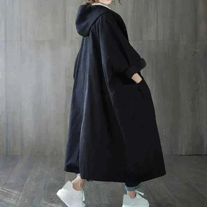 Women's Oversized Trenchcoat with Hood – Long Cotton Look Black One Size