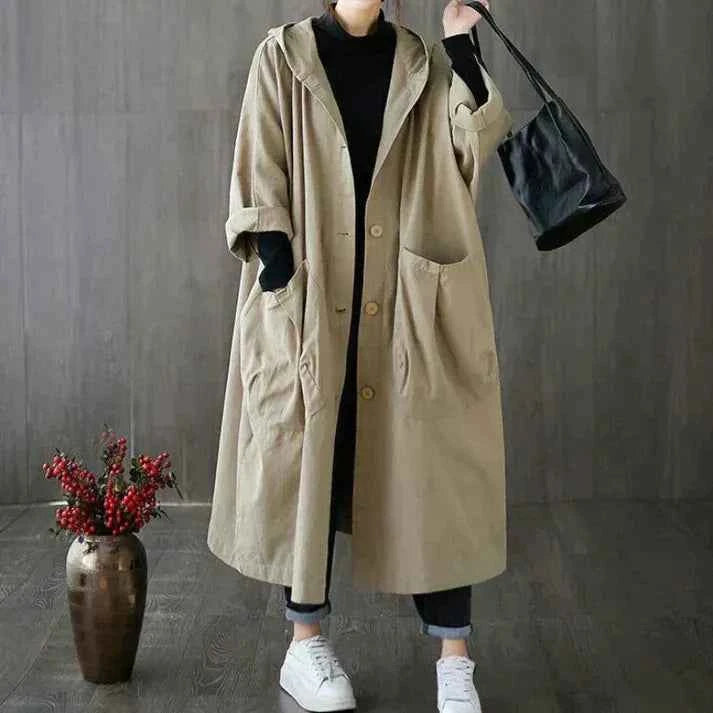 Women's Oversized Trenchcoat with Hood – Long Cotton Look Khaki One Size