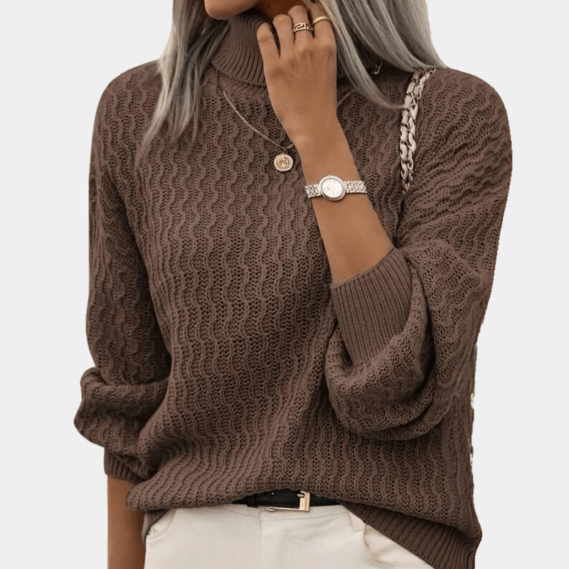Women's Oversized Turtleneck Knitted Sweater – Ribbed Long Sleeve Coffee