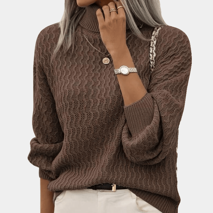 Women's Oversized Turtleneck Knitted Sweater – Ribbed Long Sleeve Coffee