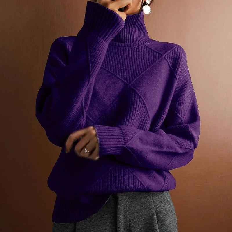 Women's Oversized Turtleneck - Ribbed Hem - Textured Design - Cozy Warmth