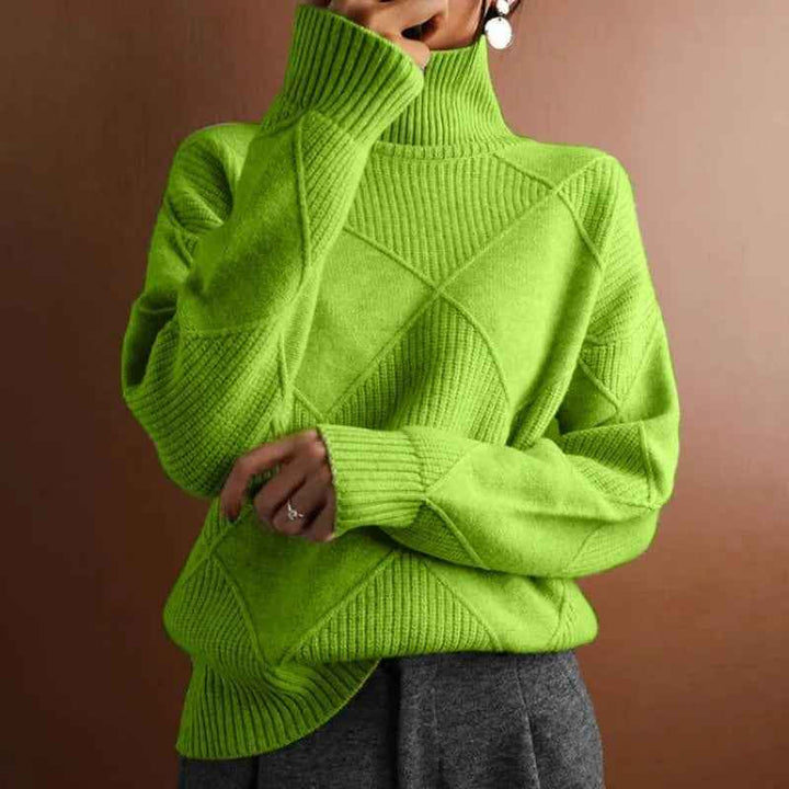 Women's Oversized Turtleneck - Ribbed Hem - Textured Design - Cozy Warmth Green