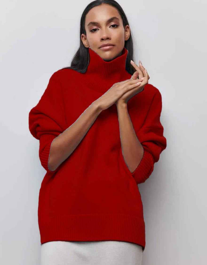 Women's Oversized Turtleneck – Soft Knit with Ribbed Edges Red