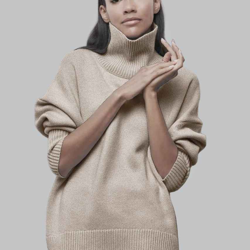 Women's Oversized Turtleneck – Soft Knit with Ribbed Edges Khaki