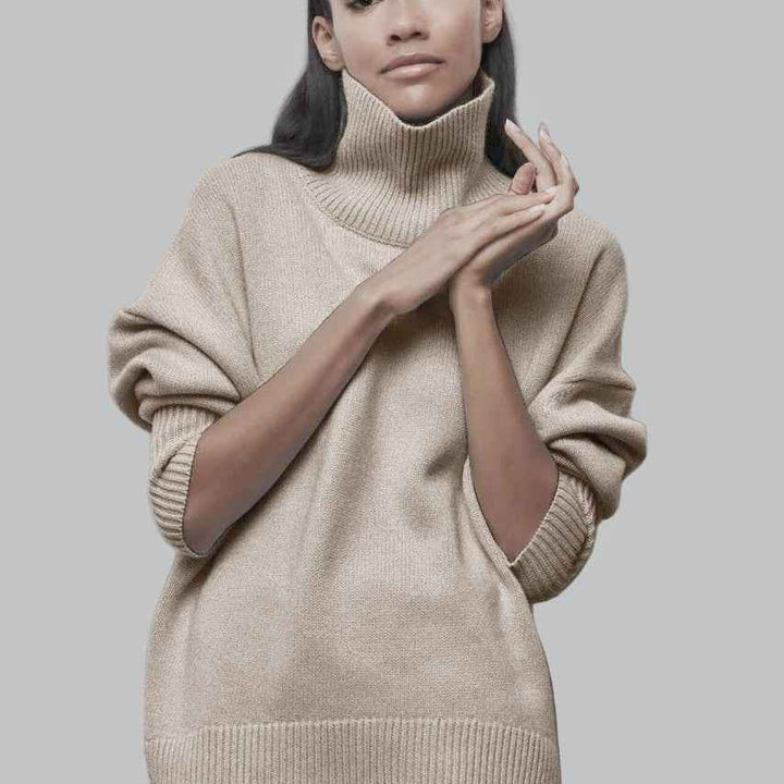 Women's Oversized Turtleneck – Soft Knit with Ribbed Edges Khaki