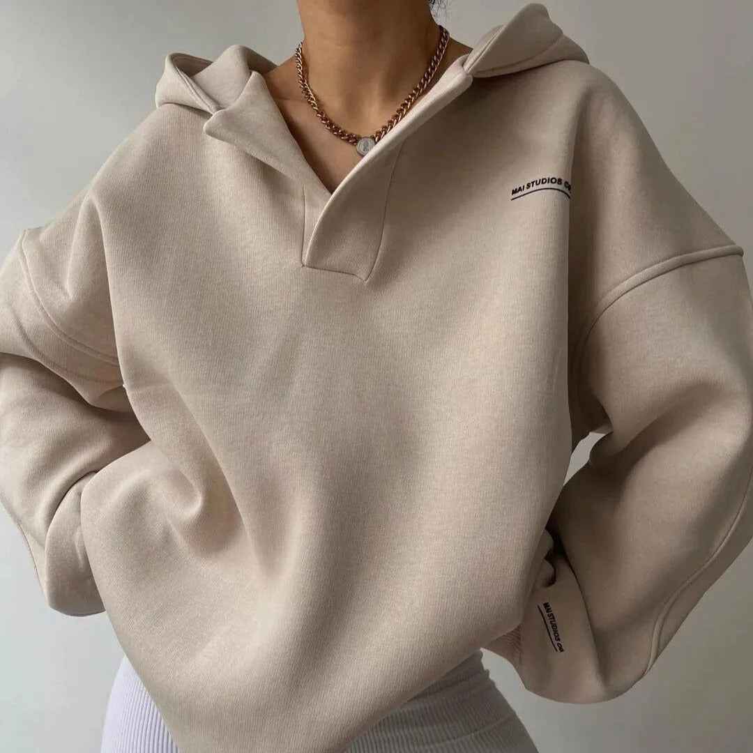 Women's Oversized V-Neck Hoodie – Cotton Blend with Ribbed Trims – Casual Wear Beige