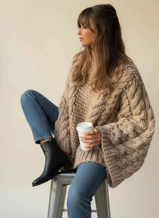 Women's Oversized Cable Knit Round Neck Long Sleeve Winter Sweater Khaki