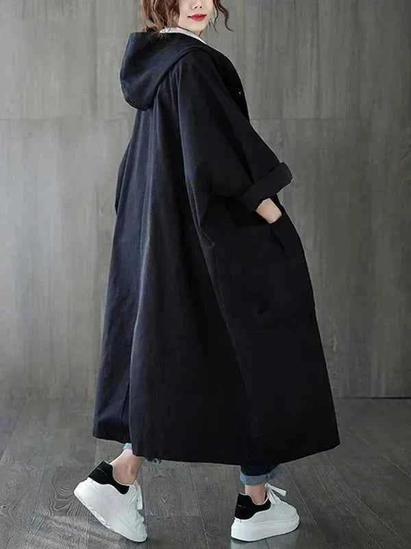 Women's Oversized Water-Repellent Trench Coat with Hood - Long Casual Style Black