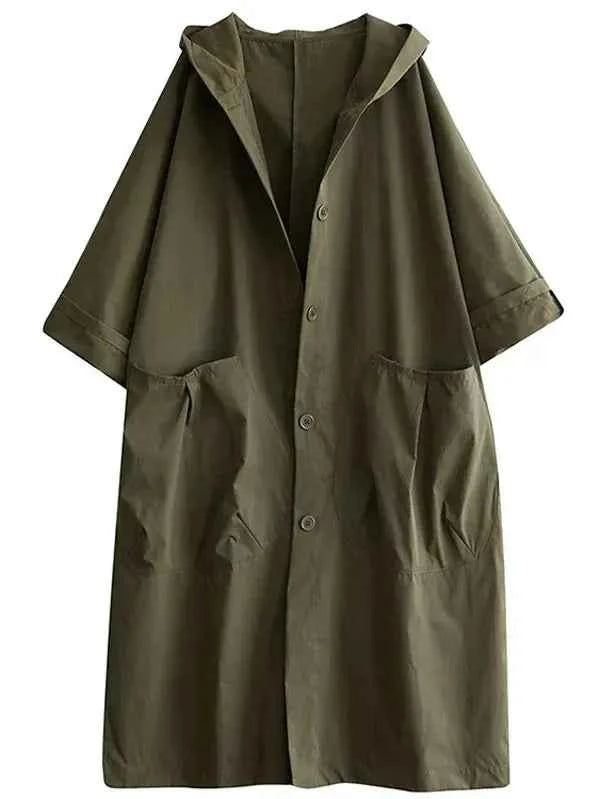 Women's Oversized Water-Repellent Trench Coat with Hood - Long Casual Style Green