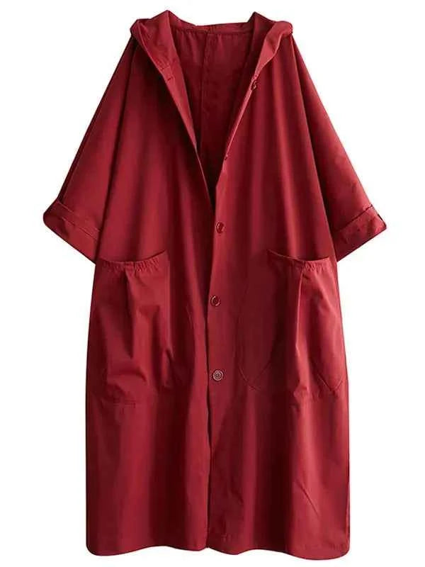 Women's Oversized Water-Repellent Trench Coat with Hood - Long Casual Style Red