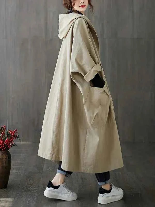 Women's Oversized Water-Repellent Trench Coat with Hood - Long Casual Style Beige