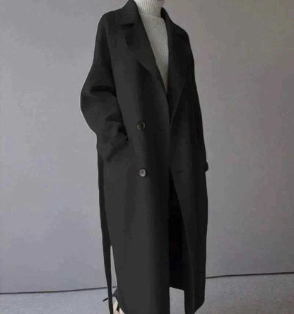 Women's Oversized Wool Blend Coat Long Double-Breasted Style Black
