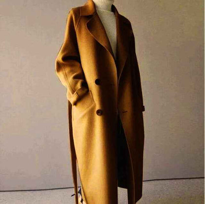 Women's Oversized Wool Blend Coat Long Double-Breasted Style Light Brown