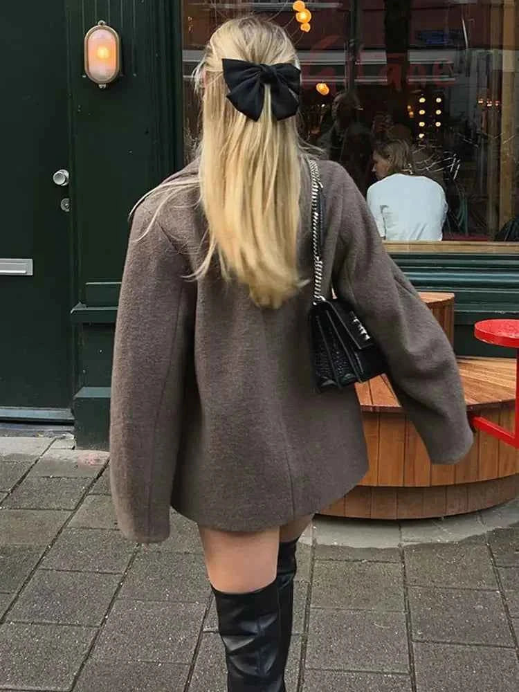 Women's Wool Coat Oversized Hood Dark Grey Winter Long Sleeve