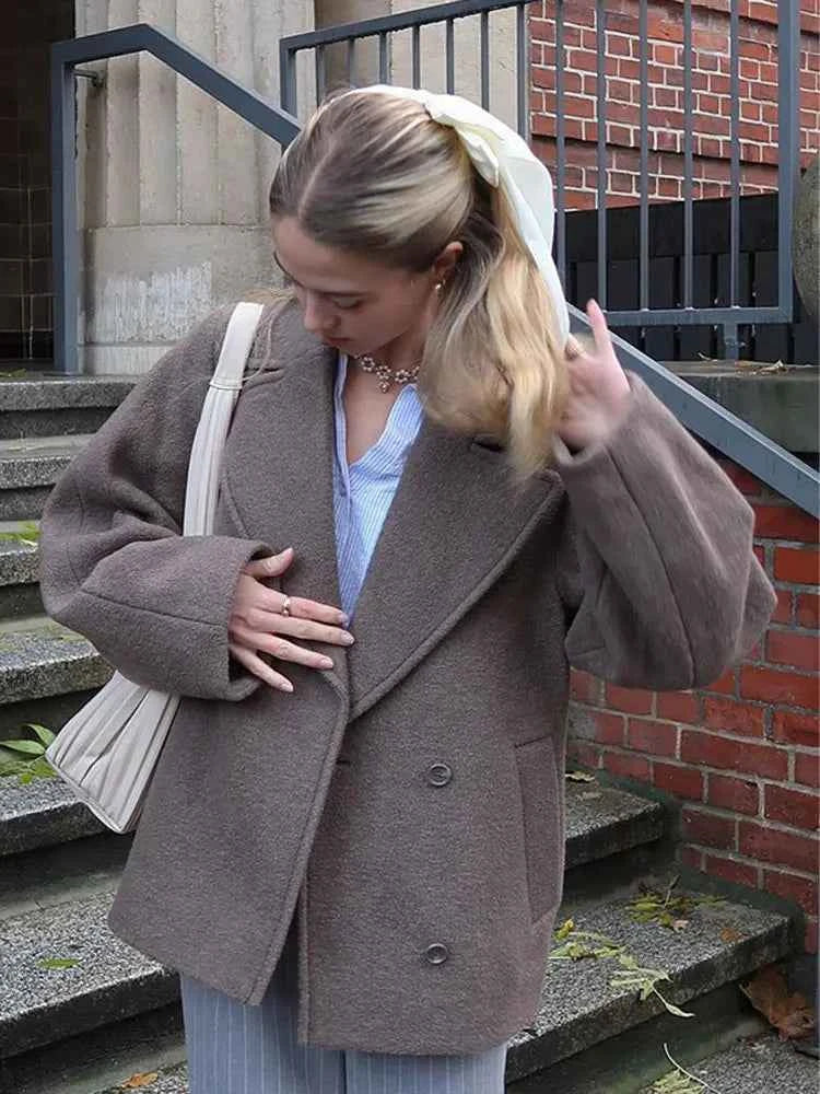 Women's Oversized Wool Blend Coat with Double Row Buttons and Long Sleeves