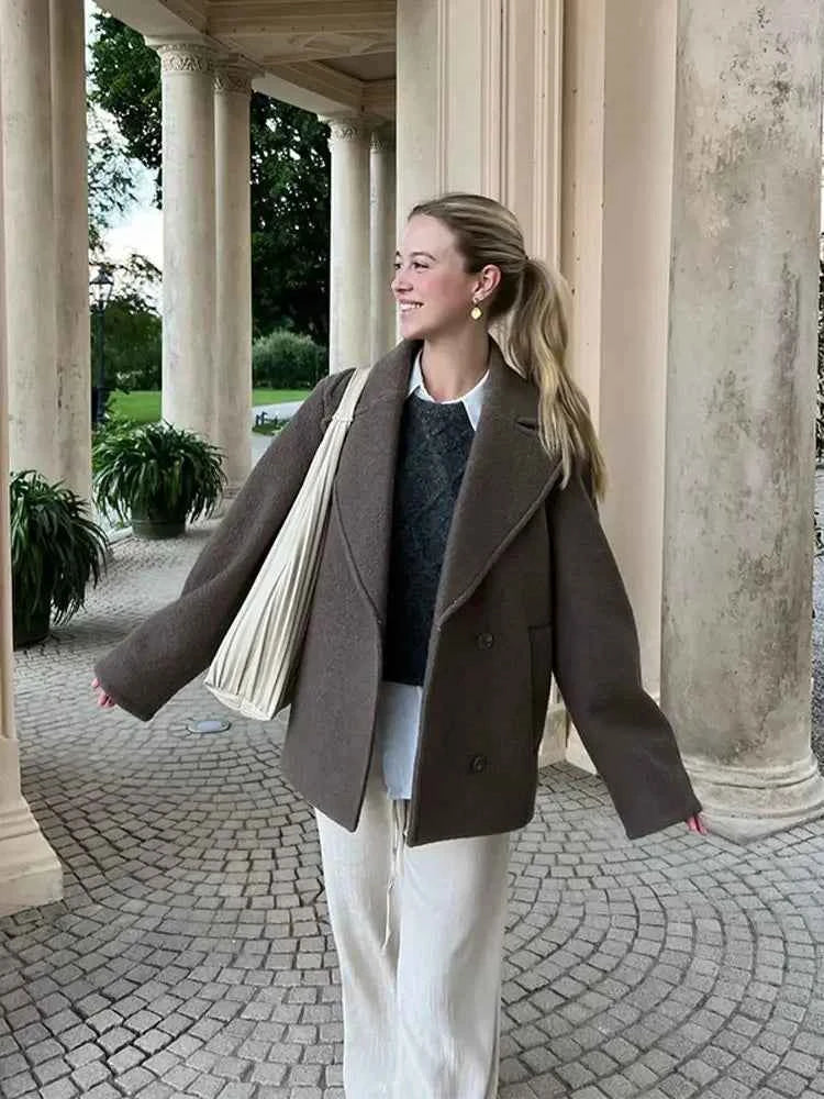 Women's Oversized Wool Blend Coat with Double Row Buttons and Long Sleeves