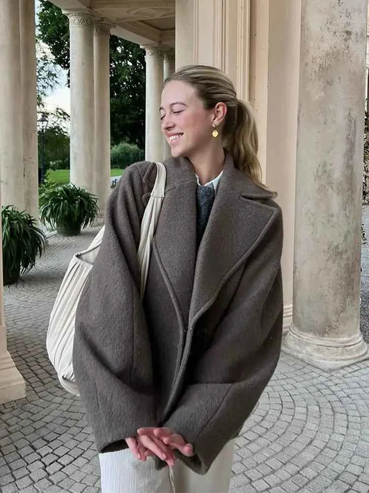 Women's Oversized Wool Blend Coat with Double Row Buttons and Long Sleeves