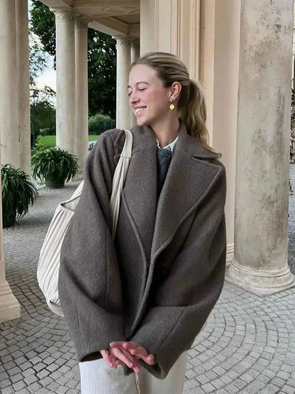 Women's Wool Coat Oversized Hood Dark Grey Winter Long Sleeve