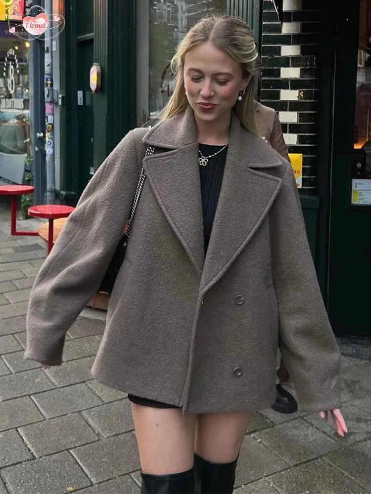 Women's Oversized Wool Blend Coat with Double Row Buttons and Long Sleeves Dark Grey