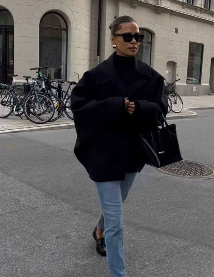 Women's Oversized Wool Blend Double-Breasted Coat - Boxy Fit with Classic Notched Lapel