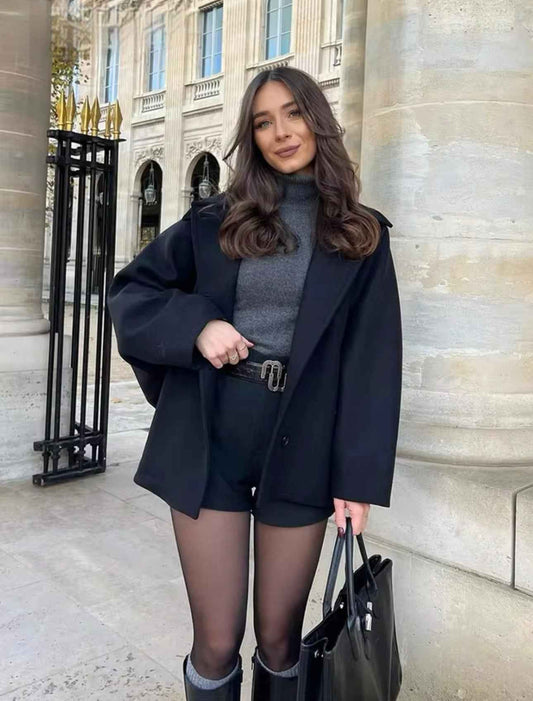 Women's Wool Blend Oversized Double-breasted Lapel Coat Black
