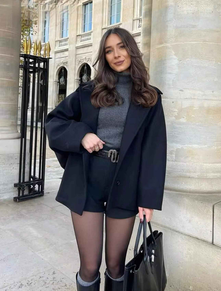 Women's Oversized Wool Blend Double-Breasted Coat - Boxy Fit with Classic Notched Lapel Black