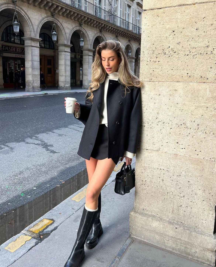 Women's Oversized Wool Blend Double-Breasted Coat - Boxy Fit with Classic Notched Lapel