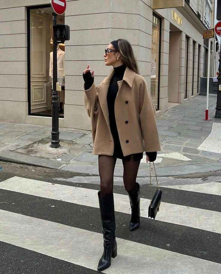 Women's Oversized Wool Blend Double-Breasted Coat - Boxy Fit with Classic Notched Lapel Beige