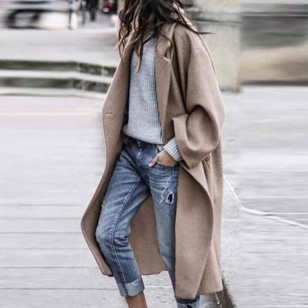Women's Oversized Wool Blend Long Coat – Open Front Casual Style Khaki
