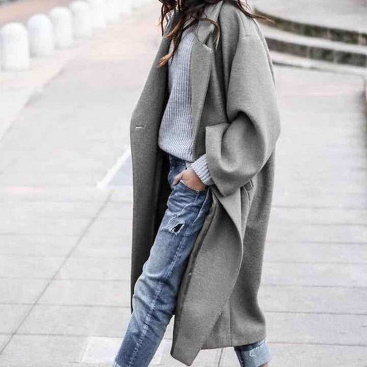 Women's Oversized Wool Blend Long Coat – Open Front Casual Style Grey