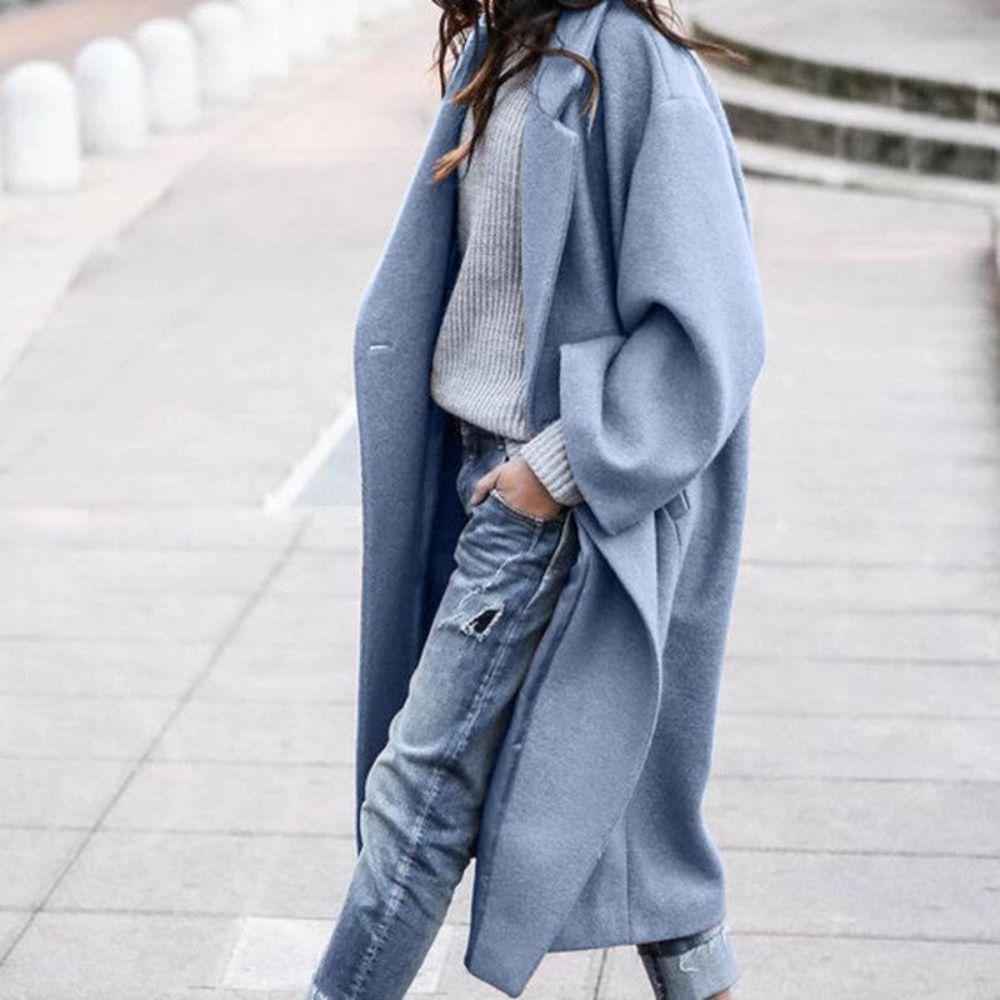 Women's Oversized Wool Blend Long Coat – Open Front Casual Style Blue